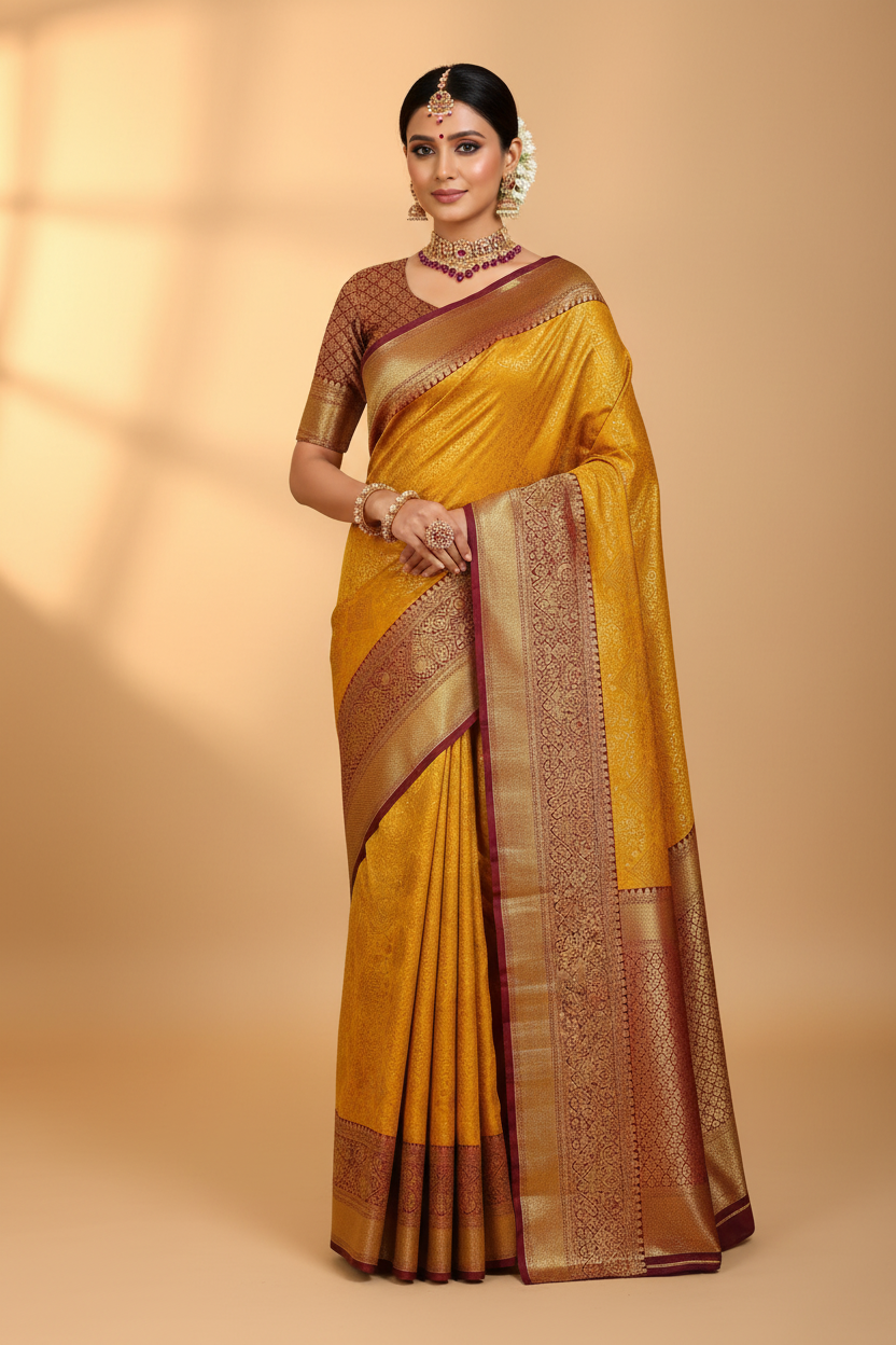 Model wearing Mustard Yellow Banarasi Saree