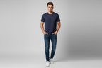 Model wearing navy blue embossed graffiti graphic t-shirt
