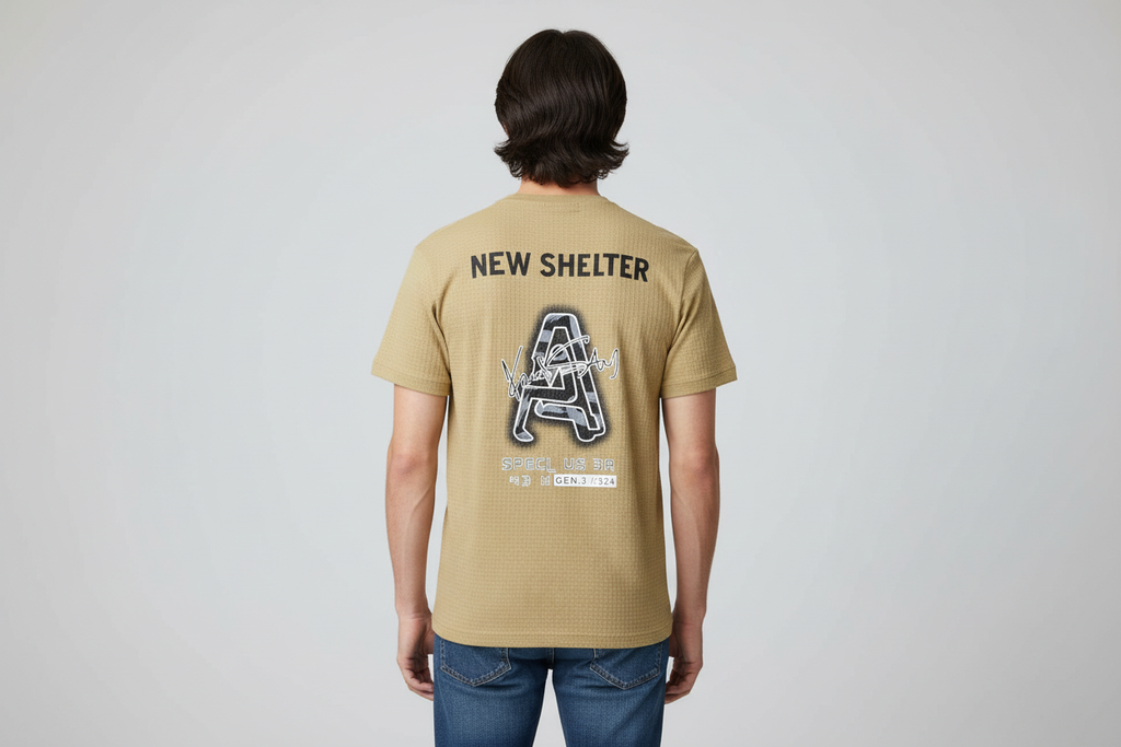 Model wearing New Shelter khaki t-shirt - back