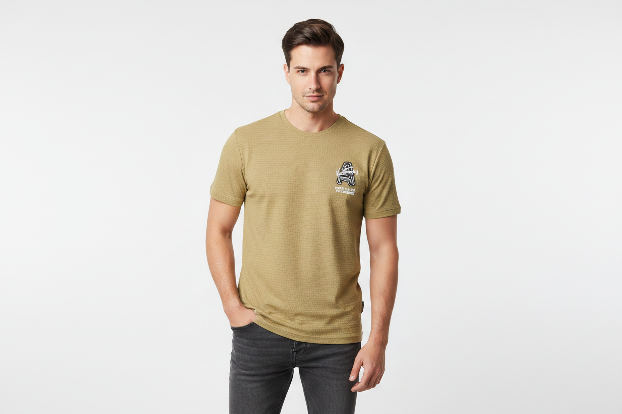 Model wearing New Shelter khaki t-shirt - front