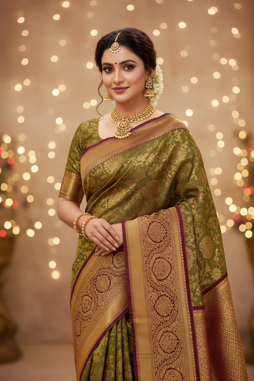 Model wearing olive green Banarasi saree with deep maroon border