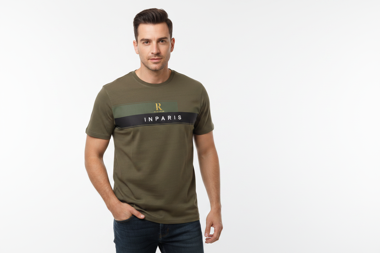 Model wearing olive green R Process InParis t-shirt