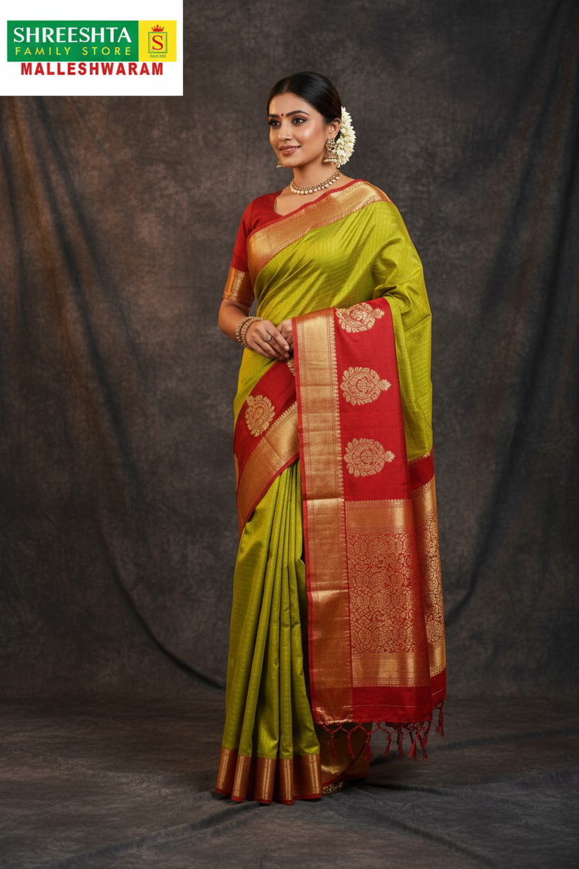 Model wearing Olive Green & Red Kanjivaram Saree