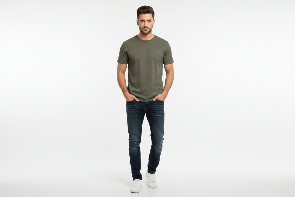Model wearing olive green t-shirt