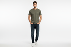 Model wearing olive green t-shirt