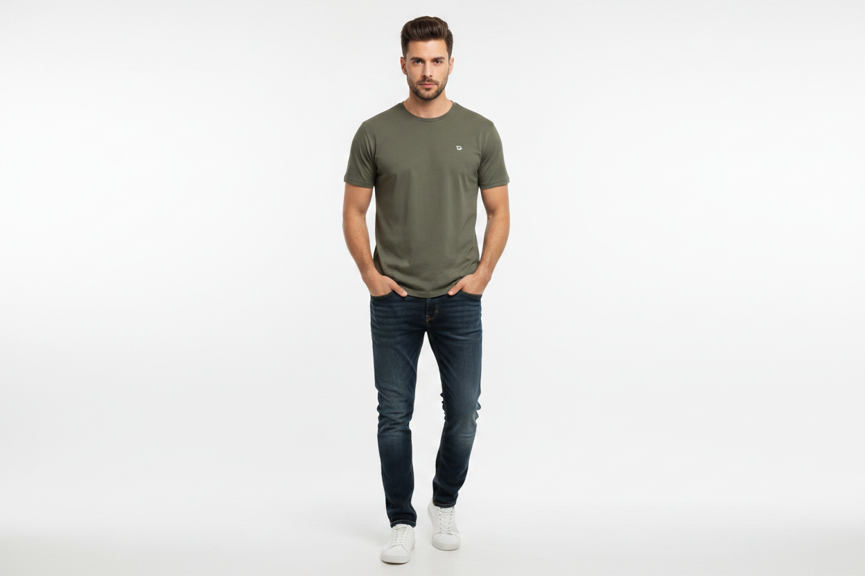Model wearing olive green t-shirt