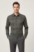 Model wearing olive grey check shirt