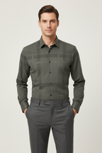 Model wearing olive grey check shirt