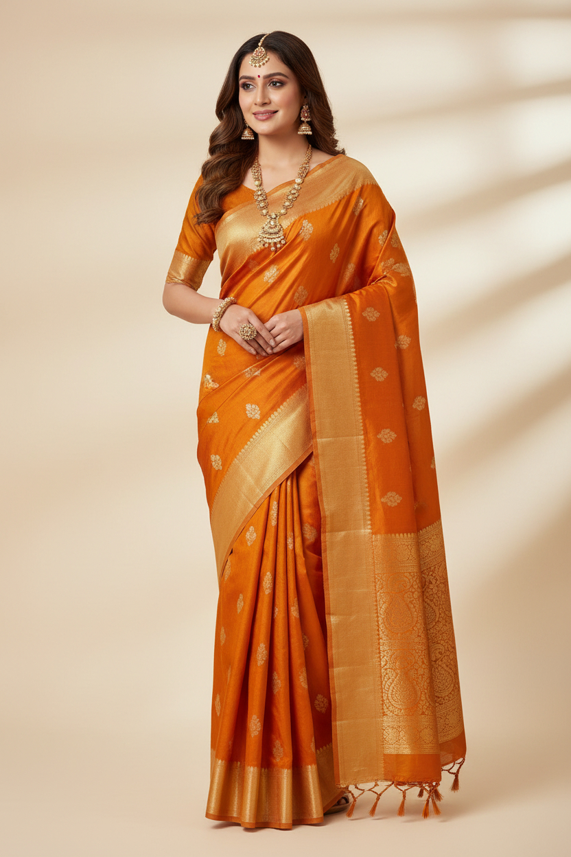 Model wearing Orange Banarasi Saree