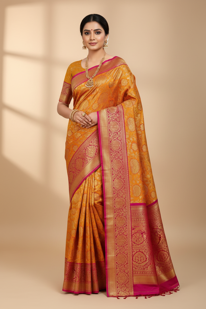 Model wearing orange-gold and magenta Kanjivaram saree