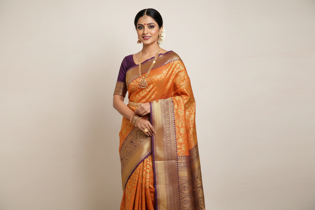 Model wearing Orange Gold Kanjivaram Silk Saree with Purple Border