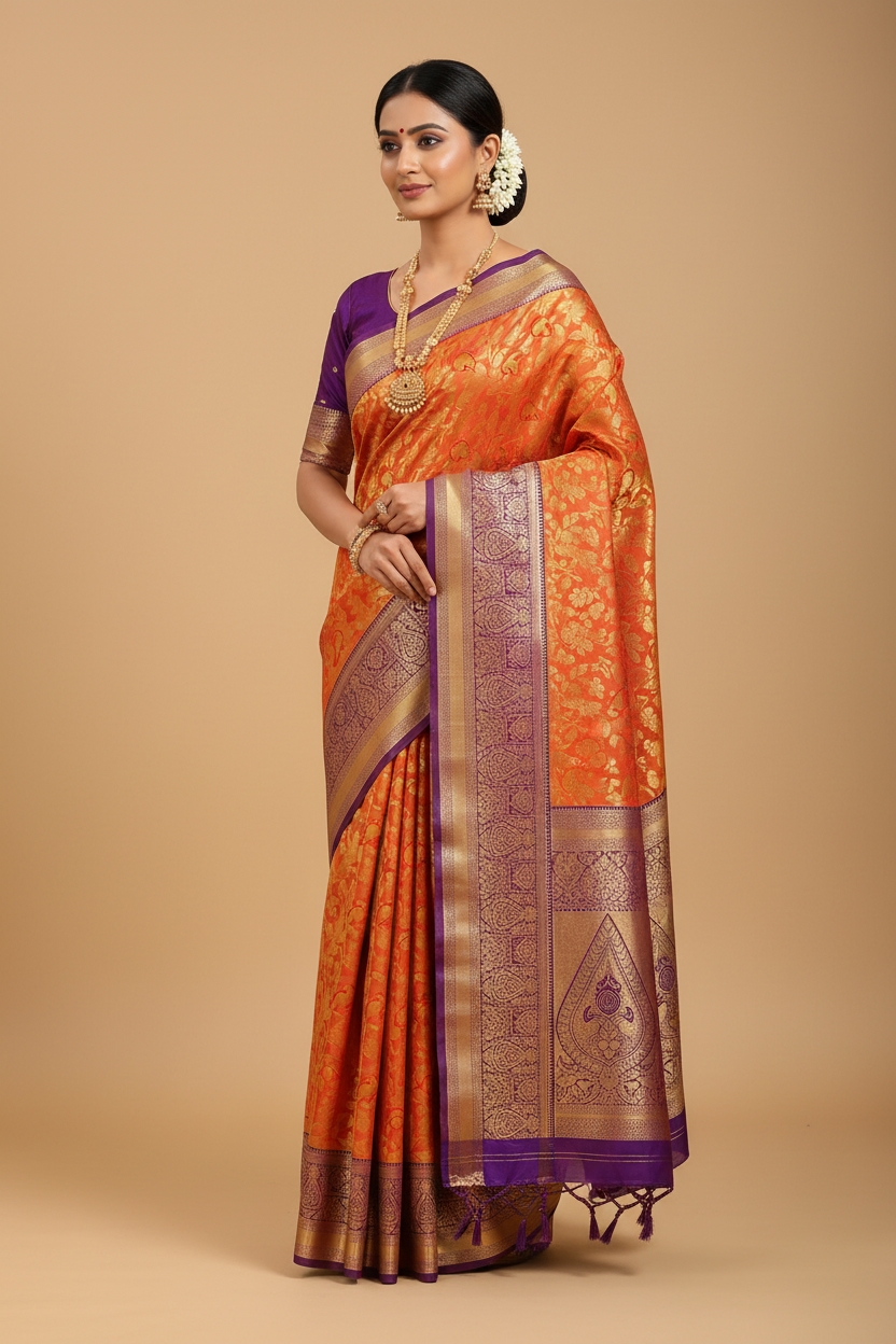 Model wearing orange Kanjivaram saree
