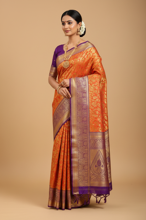 Model wearing orange Kanjivaram saree