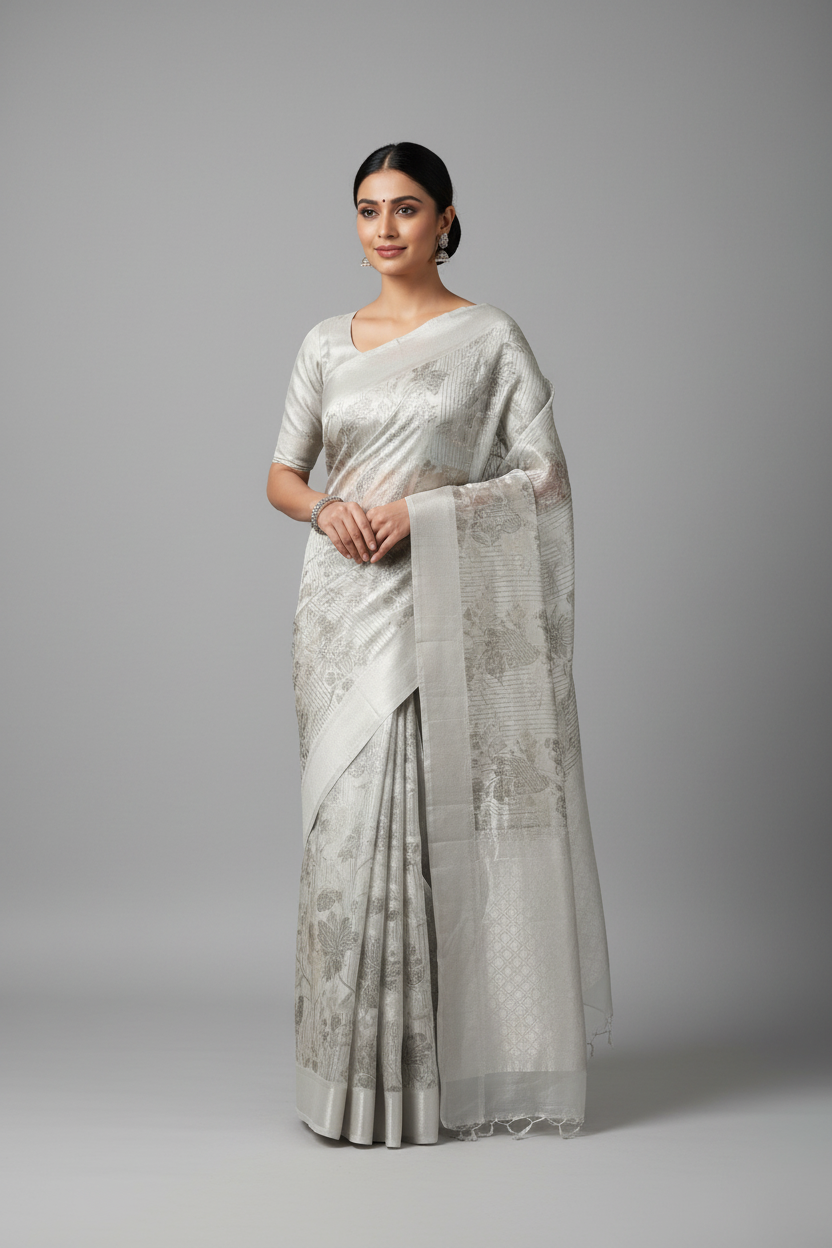 Model wearing pale silver-white tissue saree