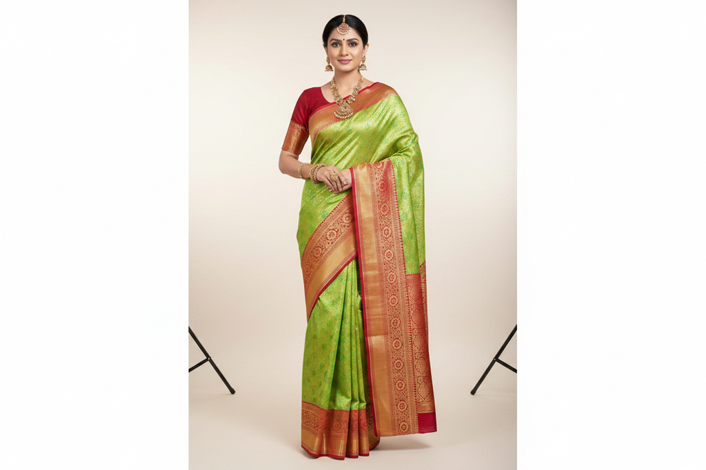 Model wearing Parrot Green Kanjivaram Silk Saree with Red Border