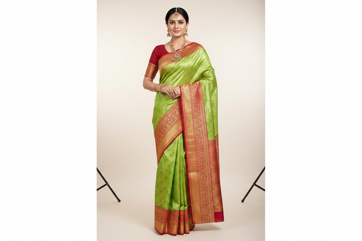 Model wearing Parrot Green Kanjivaram Silk Saree with Red Border