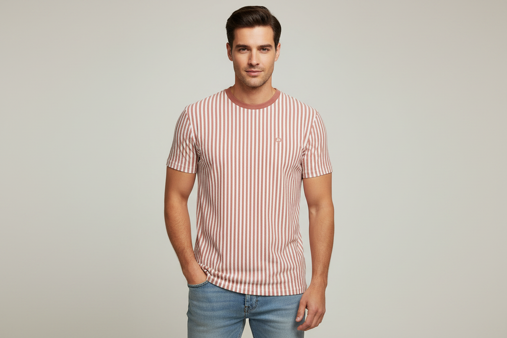 Model wearing pink striped t-shirt