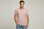 Model wearing pink striped t-shirt