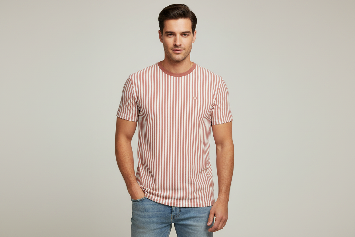 Model wearing pink striped t-shirt