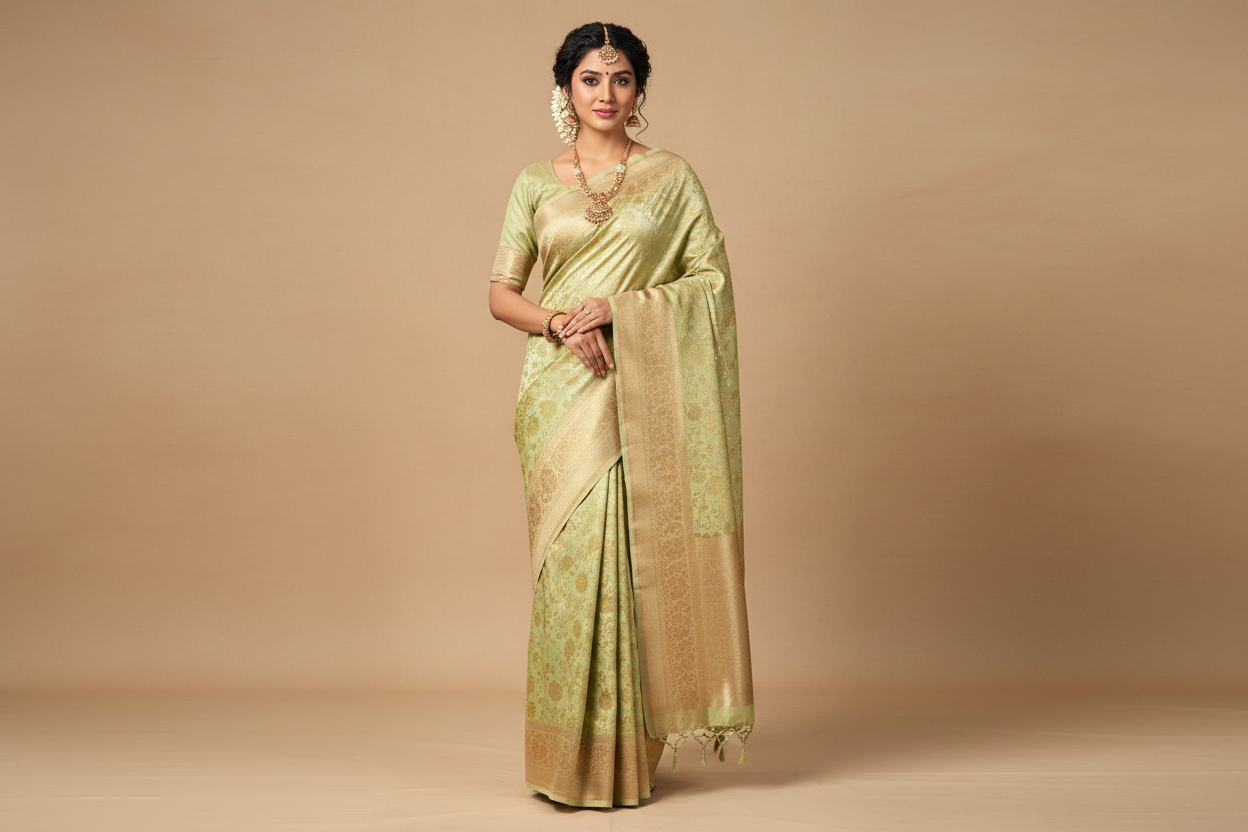 Model wearing Pista Green Banarasi Silk Saree