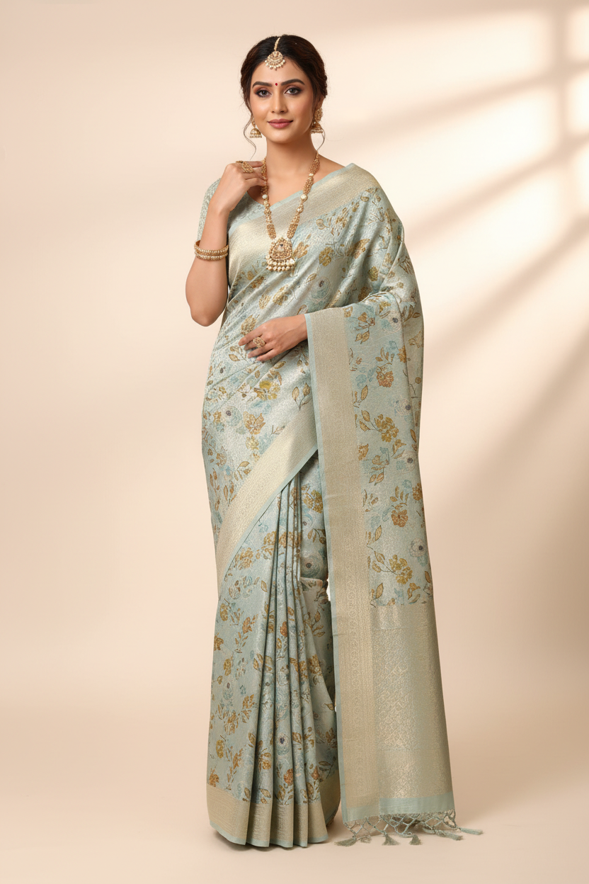 Model wearing powder blue floral brocade saree
