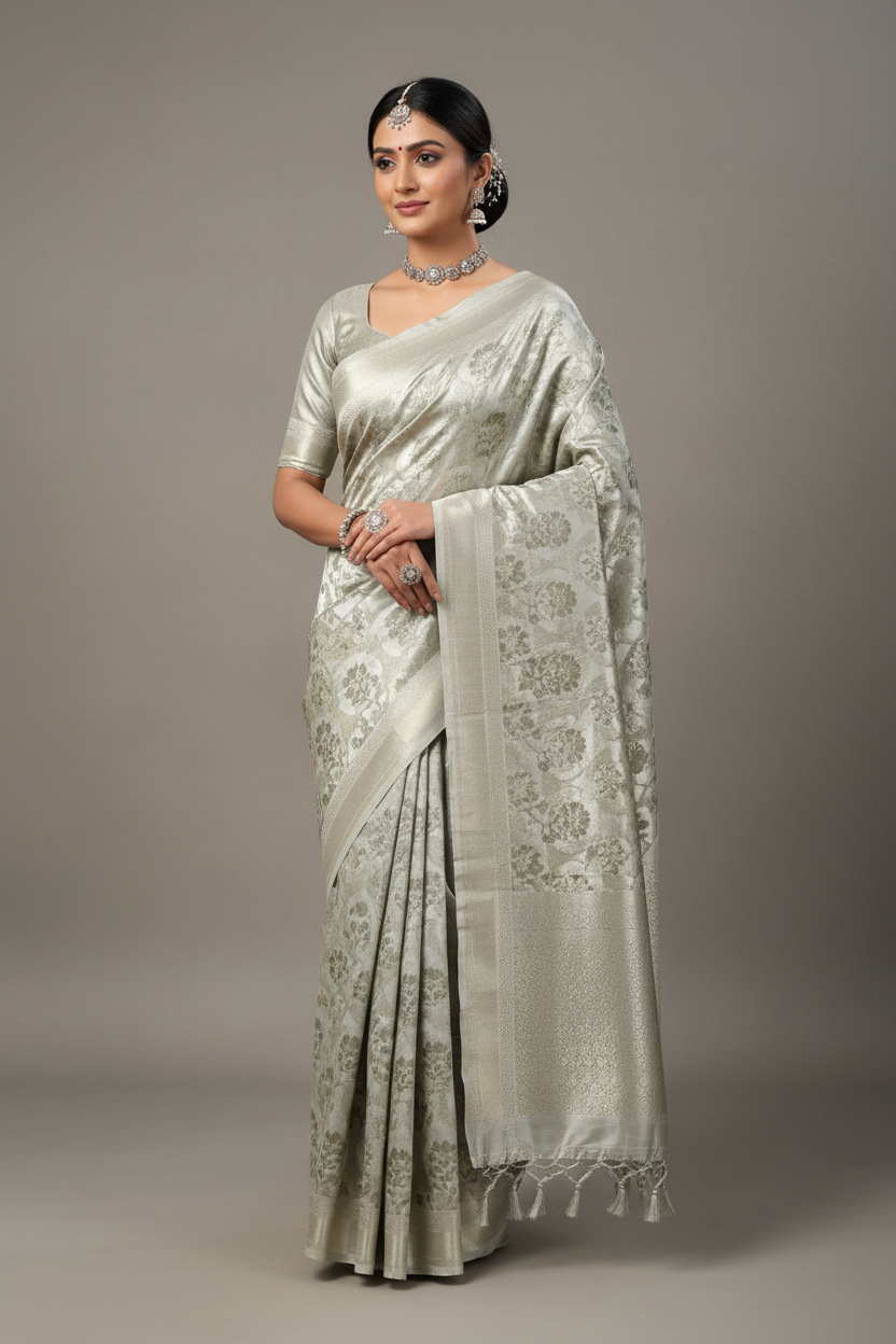 Model wearing pure silver white zari brocade tissue saree