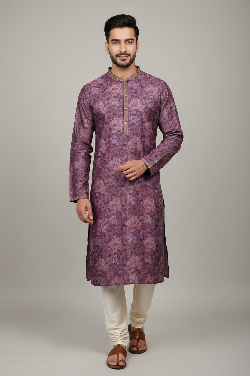 Model wearing purple floral kurta