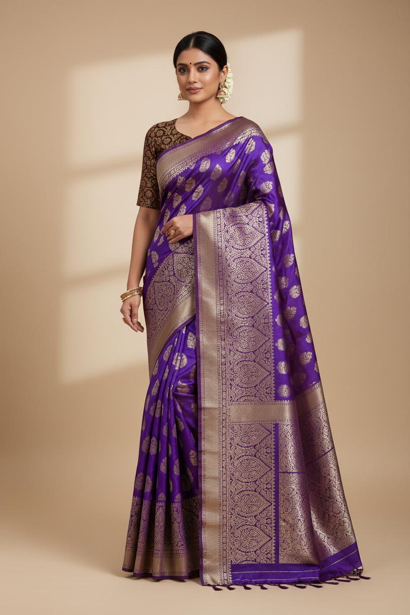 Model wearing purple Kanjivaram saree