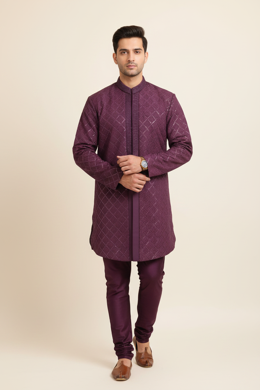 Model wearing purple kurta