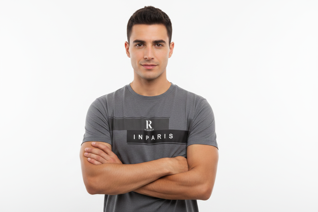 Model wearing R Process In Paris grey t-shirt