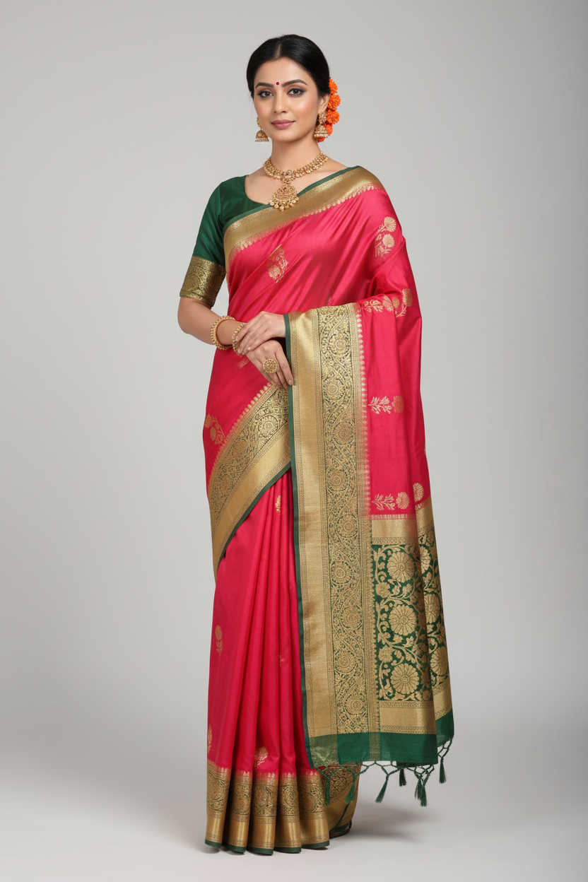 Model wearing rani pink Banarasi saree with deep green gold border