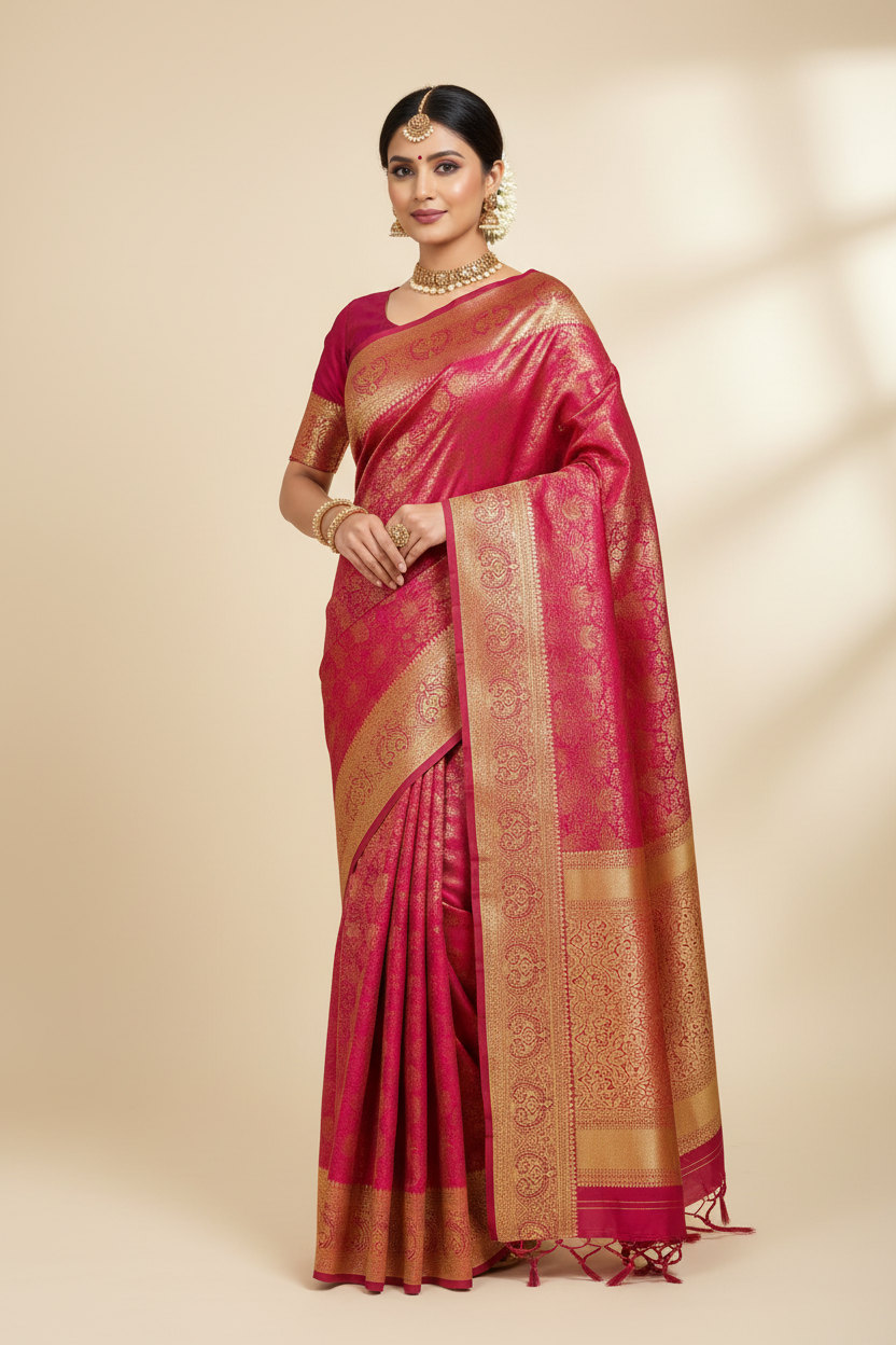 Model wearing Rani Pink Banarasi Saree