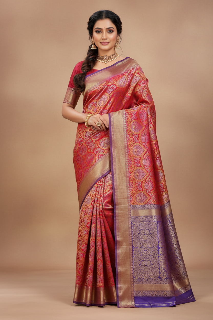 Model wearing red and purple Kanjivaram saree