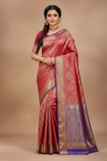 Model wearing red and purple Kanjivaram saree