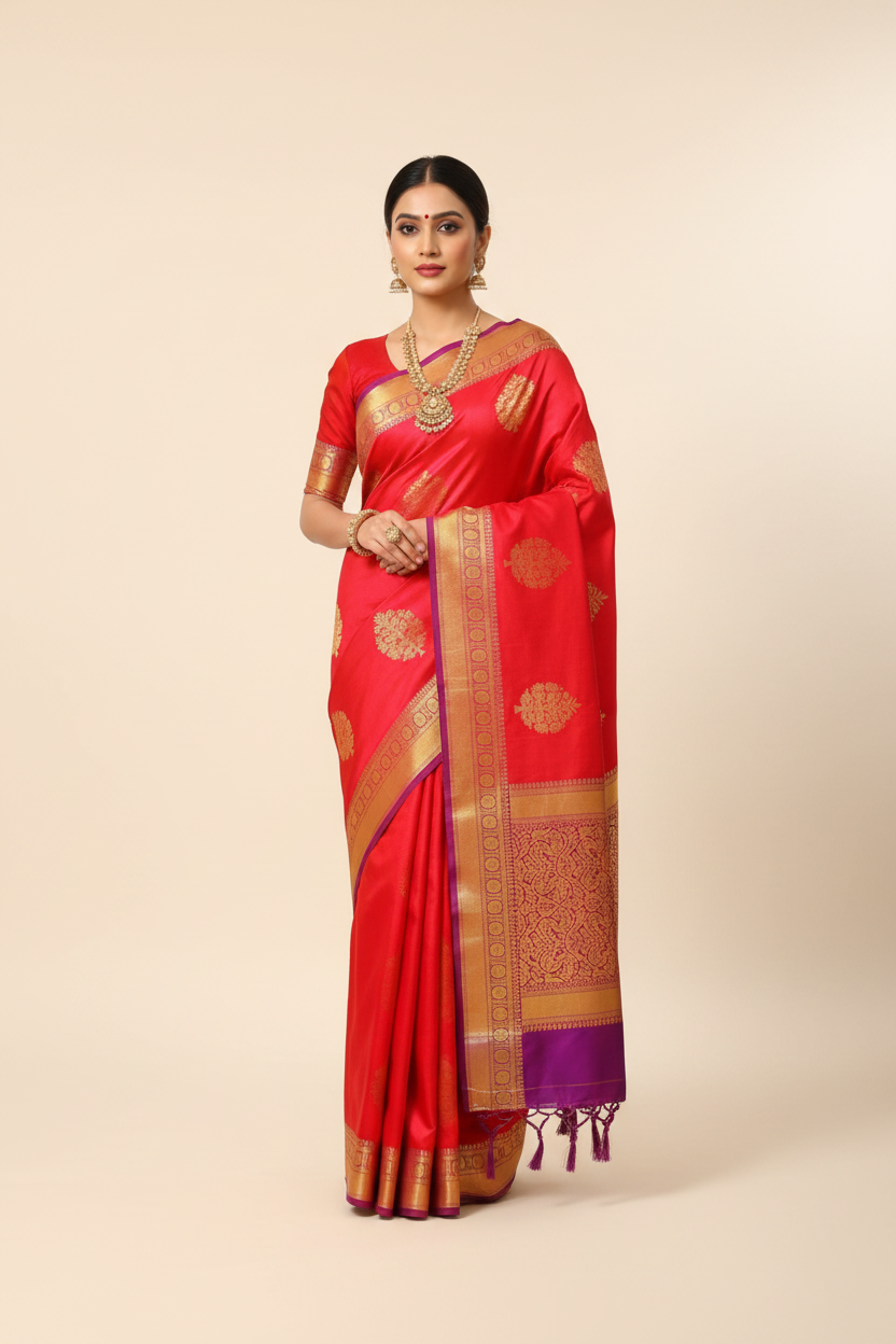 Model wearing red Banarasi saree with purple gold border