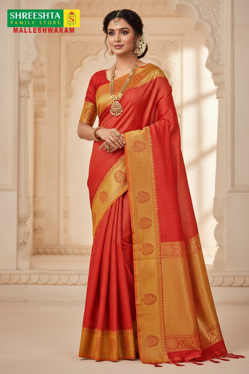 Model wearing Red & Gold Kota Saree