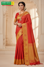 Model wearing Red & Gold Kota Saree