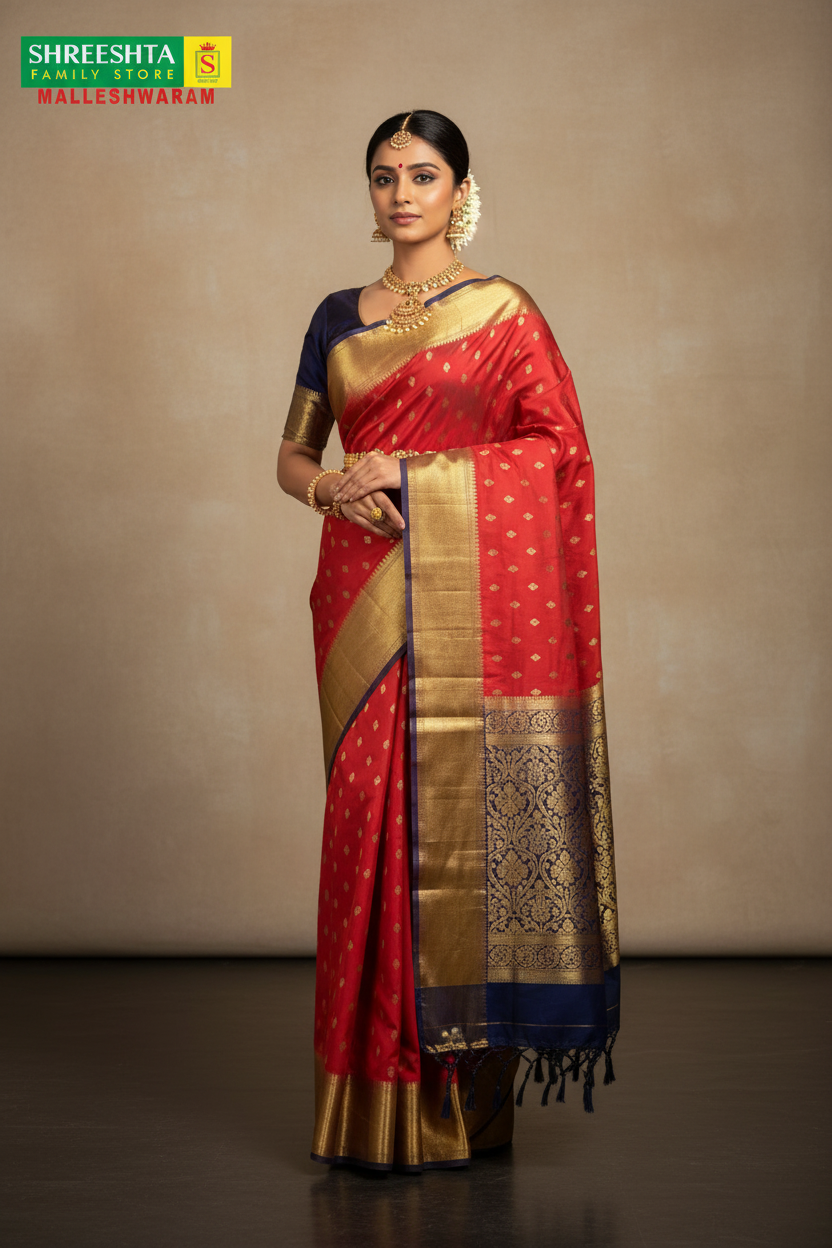 Model wearing Red & Navy Blue Butti Saree