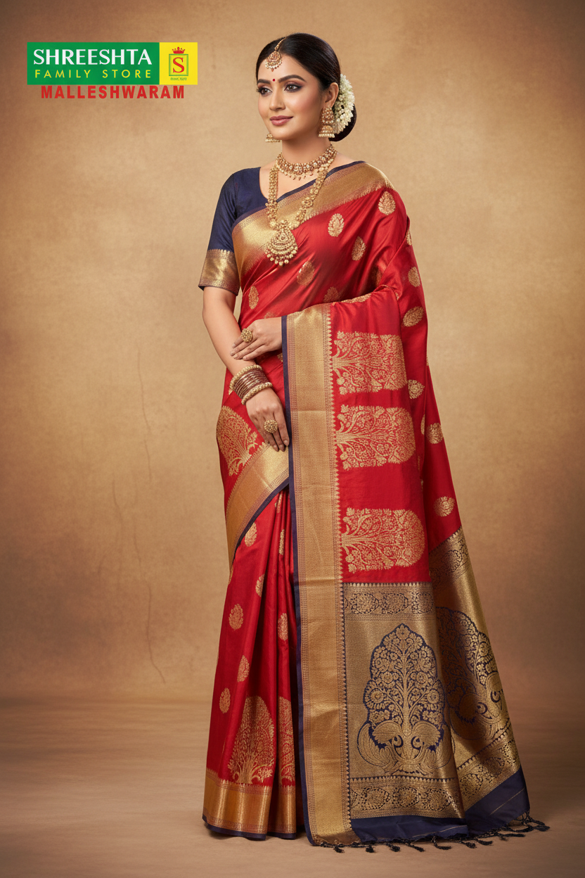 Model wearing Red & Navy Blue Kanjivaram Bridal Saree