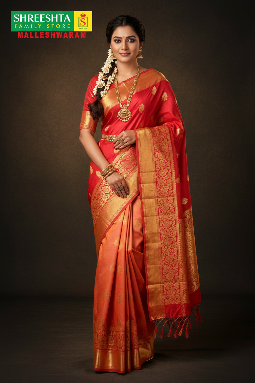 Model wearing Red & Peach Kanjivaram Saree