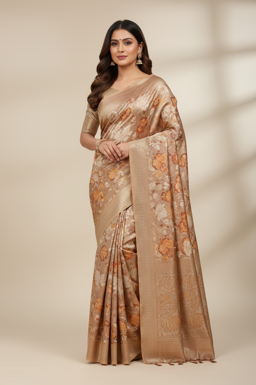Model wearing rose beige copper zari floral brocade saree