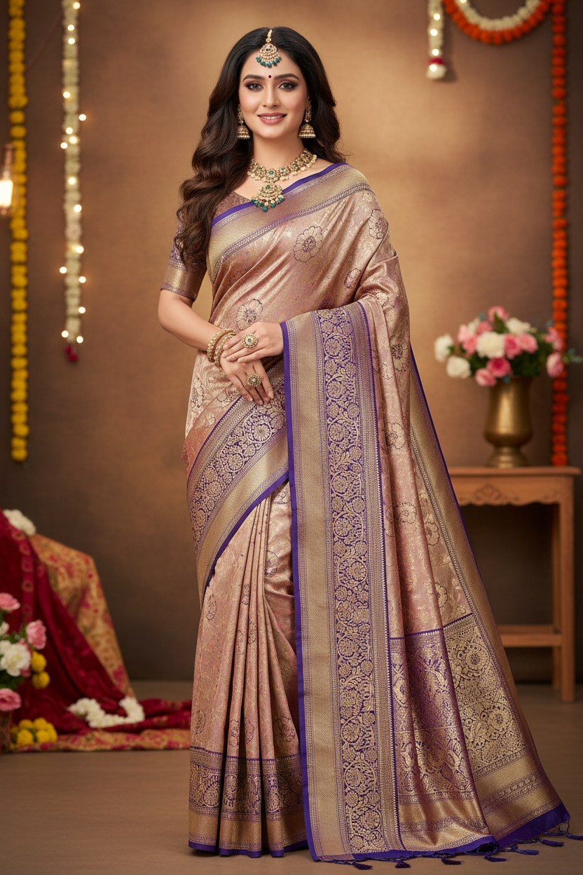 Model wearing rose gold Banarasi saree with royal blue border
