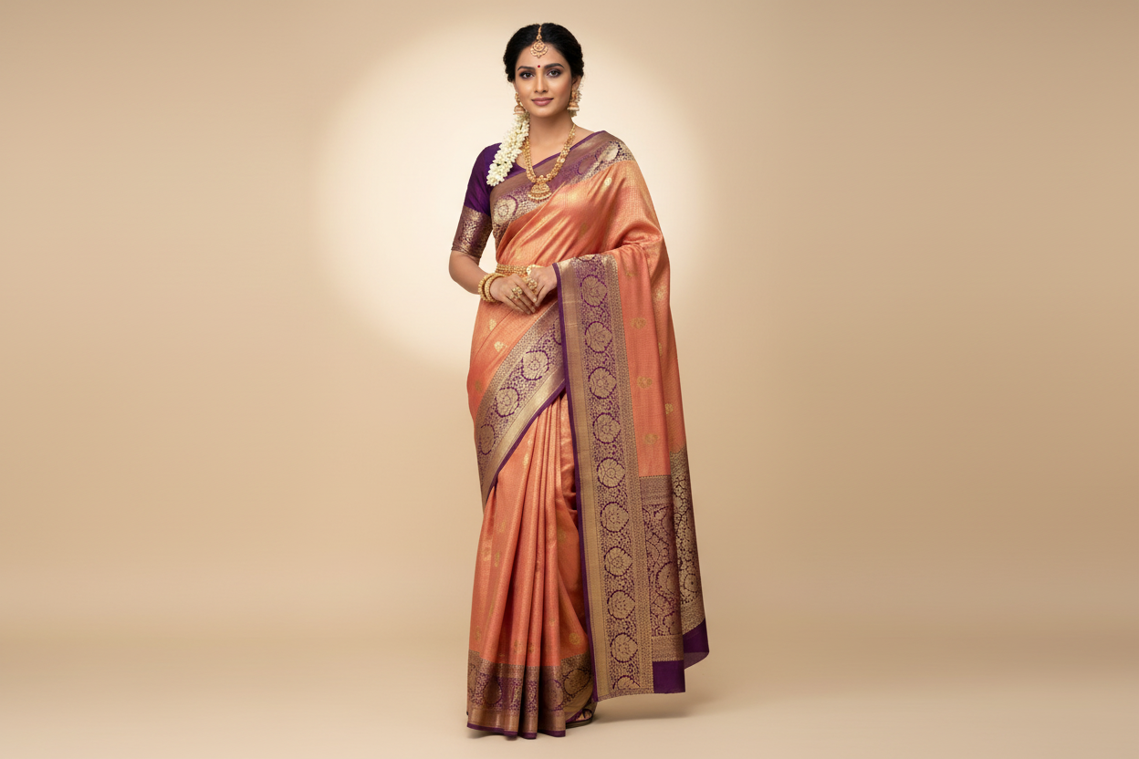Model wearing Rose Gold Kanjivaram Silk Saree with Purple Border