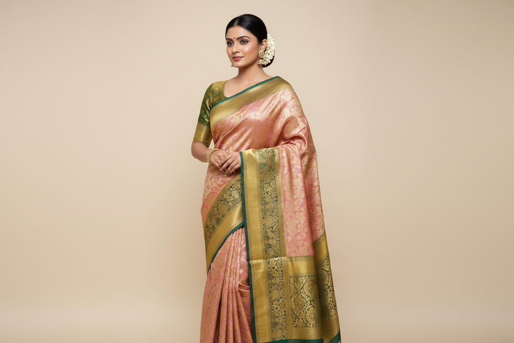 Model wearing Rose Gold Kanjivaram Silk Saree