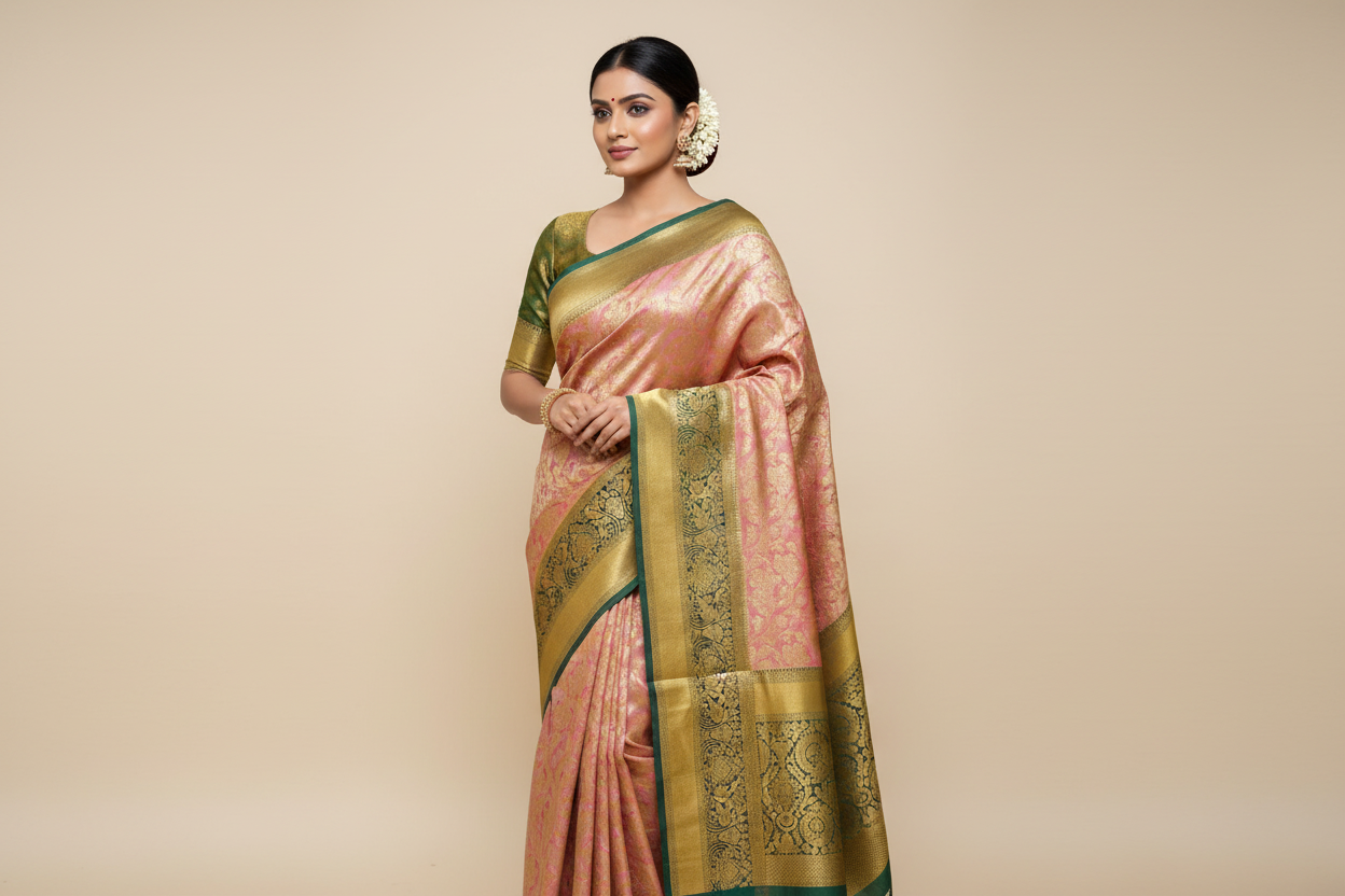 Model wearing Rose Gold Kanjivaram Silk Saree