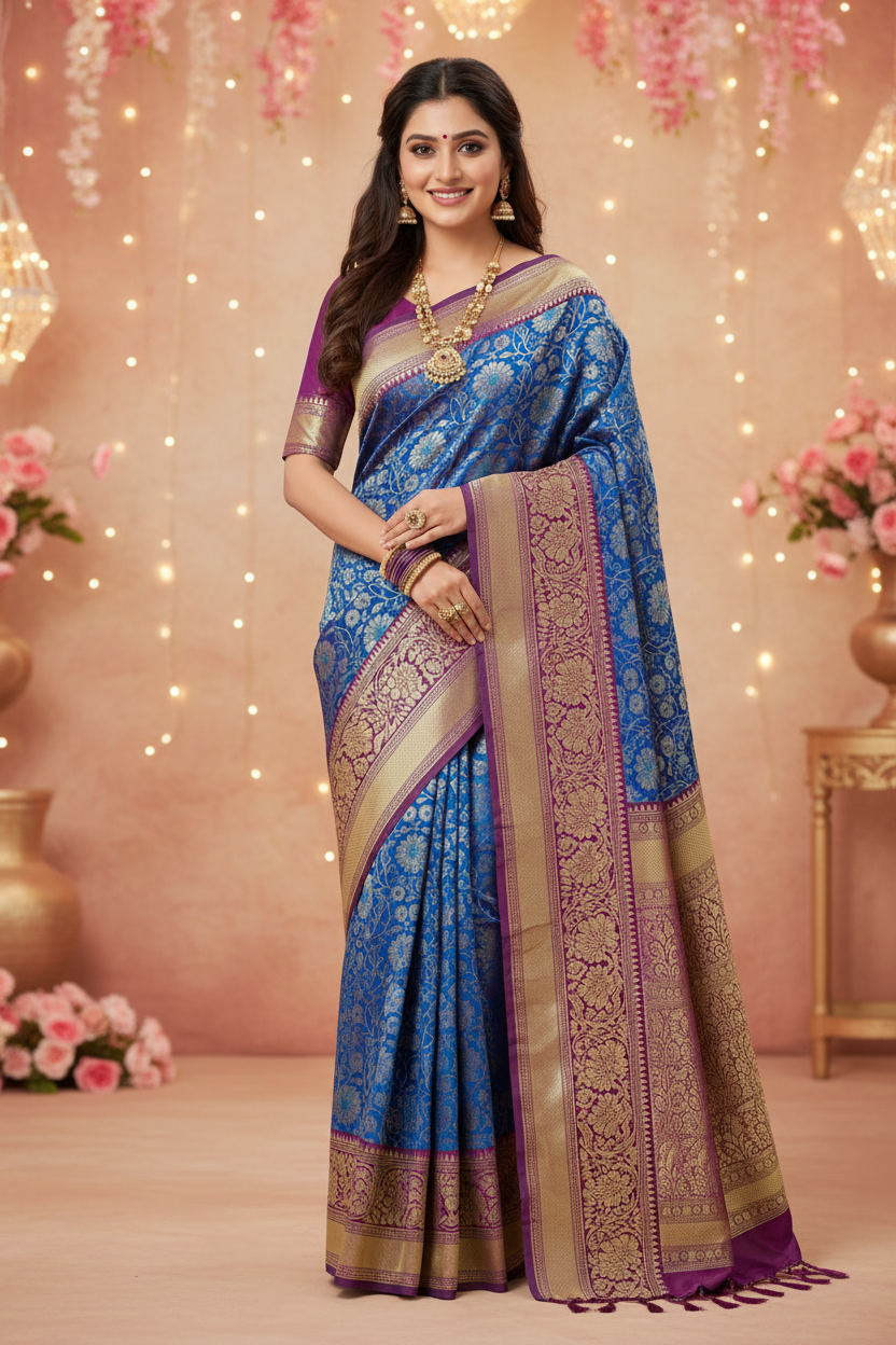Model wearing royal blue Banarasi saree with deep purple border