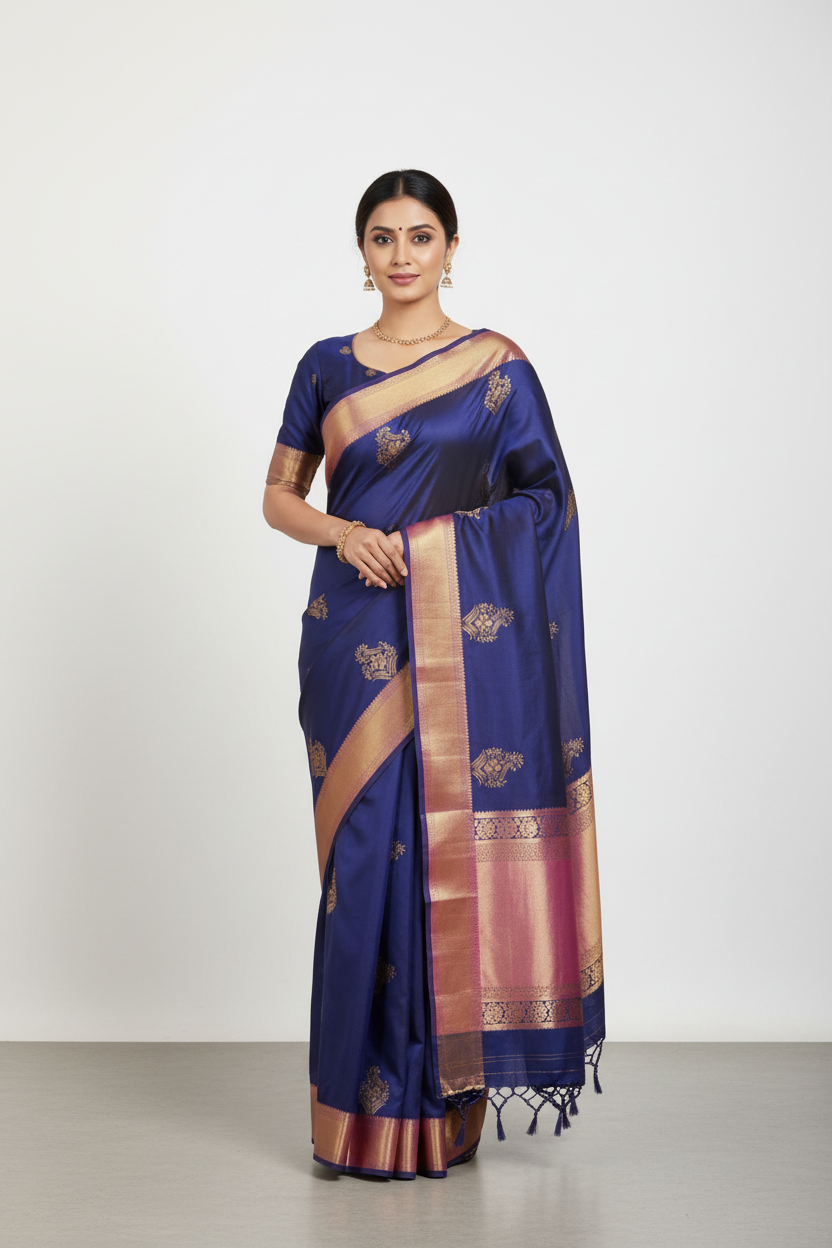 Model wearing royal blue Banarasi saree with orchid pink border