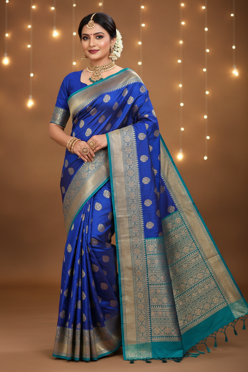 Model wearing royal blue Banarasi saree with teal border and gold zari medallions