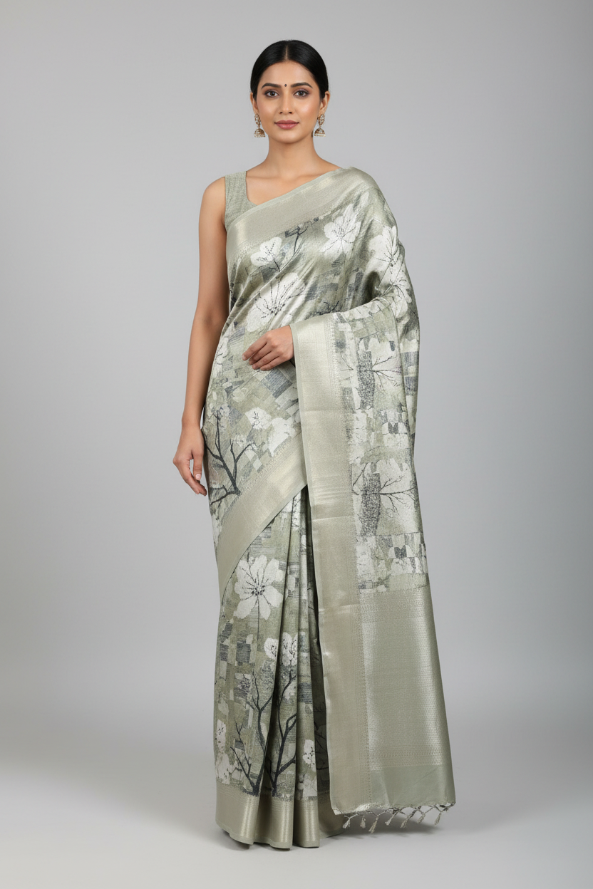 Model wearing sage green abstract print Banarasi saree