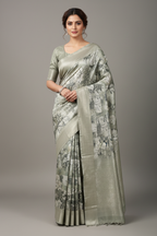 Model wearing sage green abstract watercolor tree print tissue saree